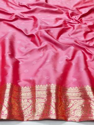 Pink zari woven silk blend traditional saree with blouse piece 4