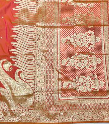 Orange zari woven silk blend traditional saree with blouse piece 5