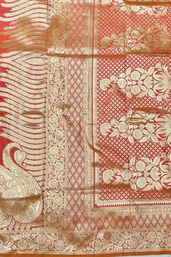 Orange zari woven silk blend traditional saree with blouse piece