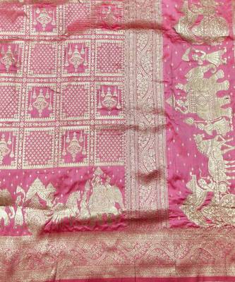 Pink zari woven silk blend traditional saree with blouse piece 5