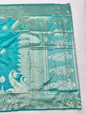 Blue zari woven silk blend traditional saree with blouse piece 1