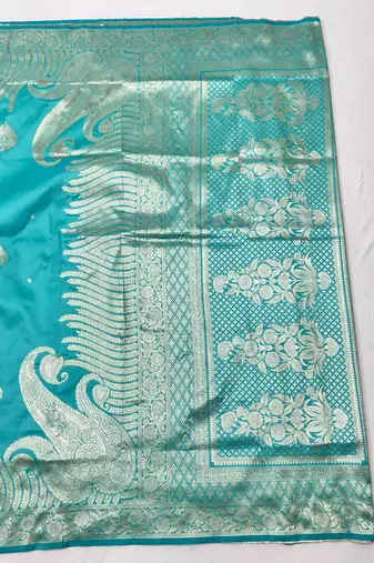 Blue zari woven banarasi silk blend traditional saree with blouse piece