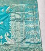 Blue zari woven banarasi silk blend traditional saree with blouse piece