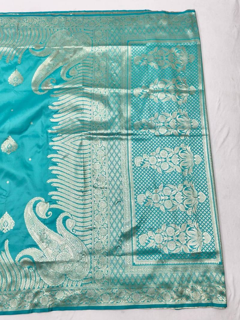 Blue zari woven banarasi silk blend traditional saree with blouse piece