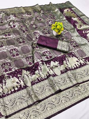 Wine zari woven silk blend traditional saree with blouse piece 1