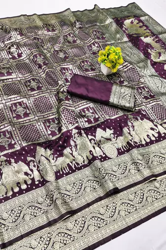 Wine zari woven banarasi silk blend traditional saree with blouse piece
