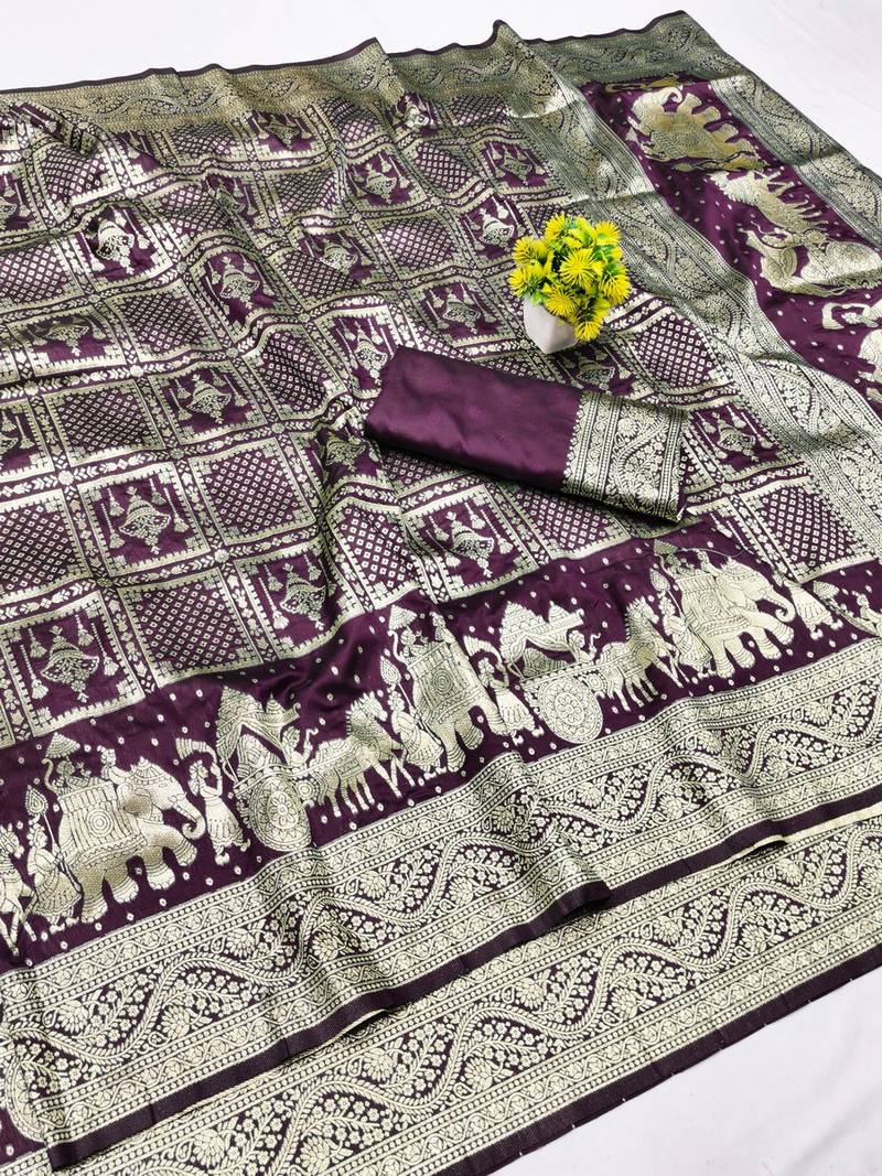 Wine zari woven banarasi silk blend traditional saree with blouse piece