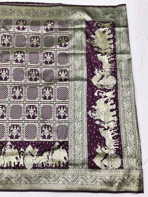 Wine zari woven silk blend traditional saree with blouse piece 2