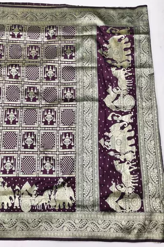 Wine zari woven silk blend traditional saree with blouse piece