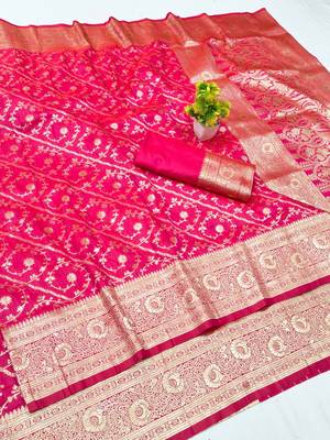Rani pink zari woven silk blend traditional saree with blouse piece 1