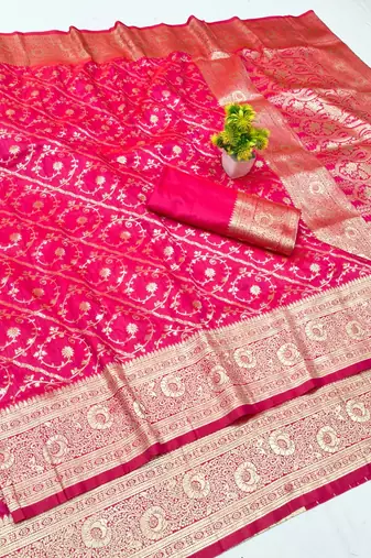 Rani pink zari woven banarasi silk blend traditional saree with blouse piece