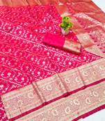 Rani pink zari woven banarasi silk blend traditional saree with blouse piece