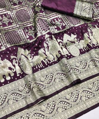 Wine zari woven silk blend traditional saree with blouse piece 3