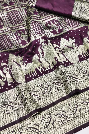 Wine zari woven silk blend traditional saree with blouse piece