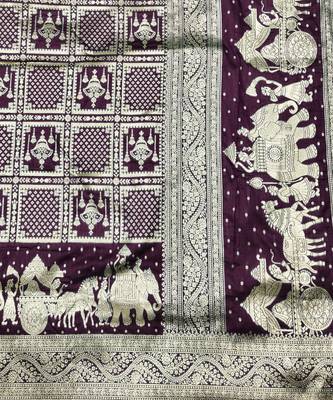 Wine zari woven silk blend traditional saree with blouse piece 5