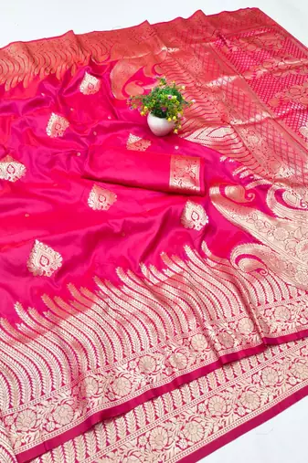 Rani pink zari woven banarasi silk blend traditional saree with blouse piece
