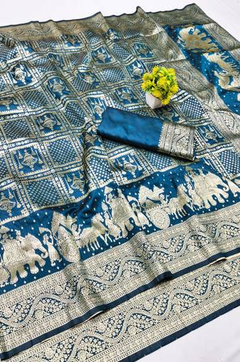 Morpich zari woven banarasi silk blend traditional saree with blouse piece