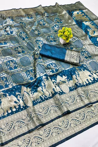 Morpich zari woven banarasi silk blend traditional saree with blouse piece