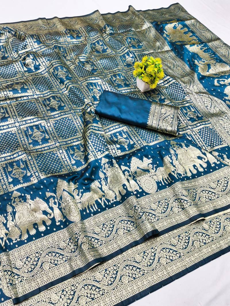 Morpich zari woven banarasi silk blend traditional saree with blouse piece