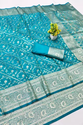 Blue zari woven banarasi silk blend traditional saree with blouse piece