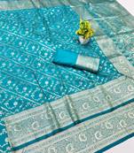 Blue zari woven banarasi silk blend traditional saree with blouse piece