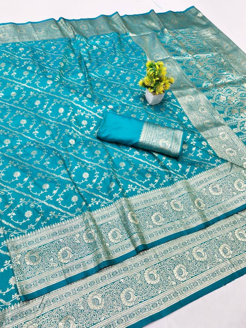 Blue zari woven banarasi silk blend traditional saree with blouse piece
