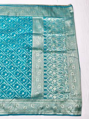 Blue zari woven silk blend traditional saree with blouse piece 2