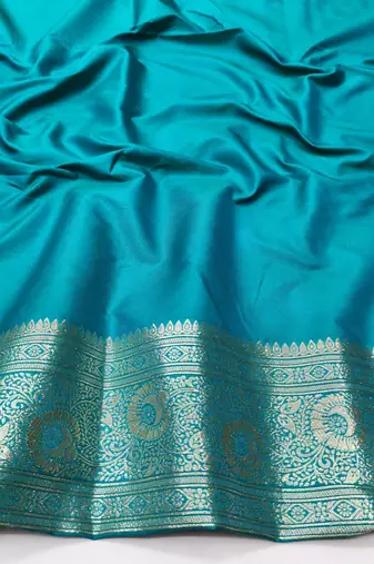 Blue zari woven silk blend traditional saree with blouse piece