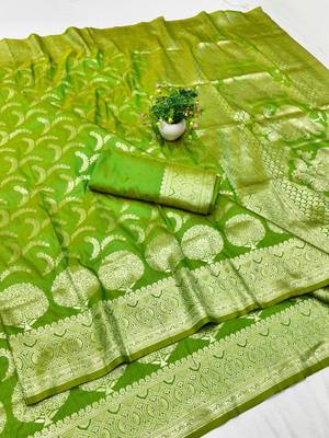 Green zari woven silk blend traditional saree with blouse piece 1