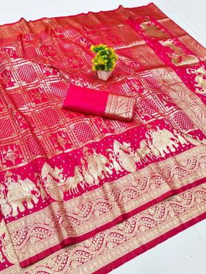 Rani zari woven silk blend traditional saree with blouse piece 1