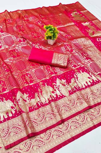 Rani zari woven banarasi silk blend traditional saree with blouse piece