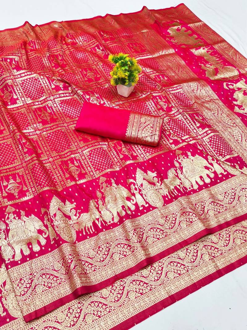 Rani zari woven banarasi silk blend traditional saree with blouse piece