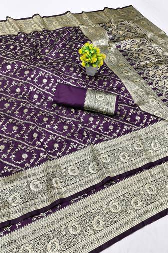 Wine zari woven banarasi silk blend traditional saree with blouse piece