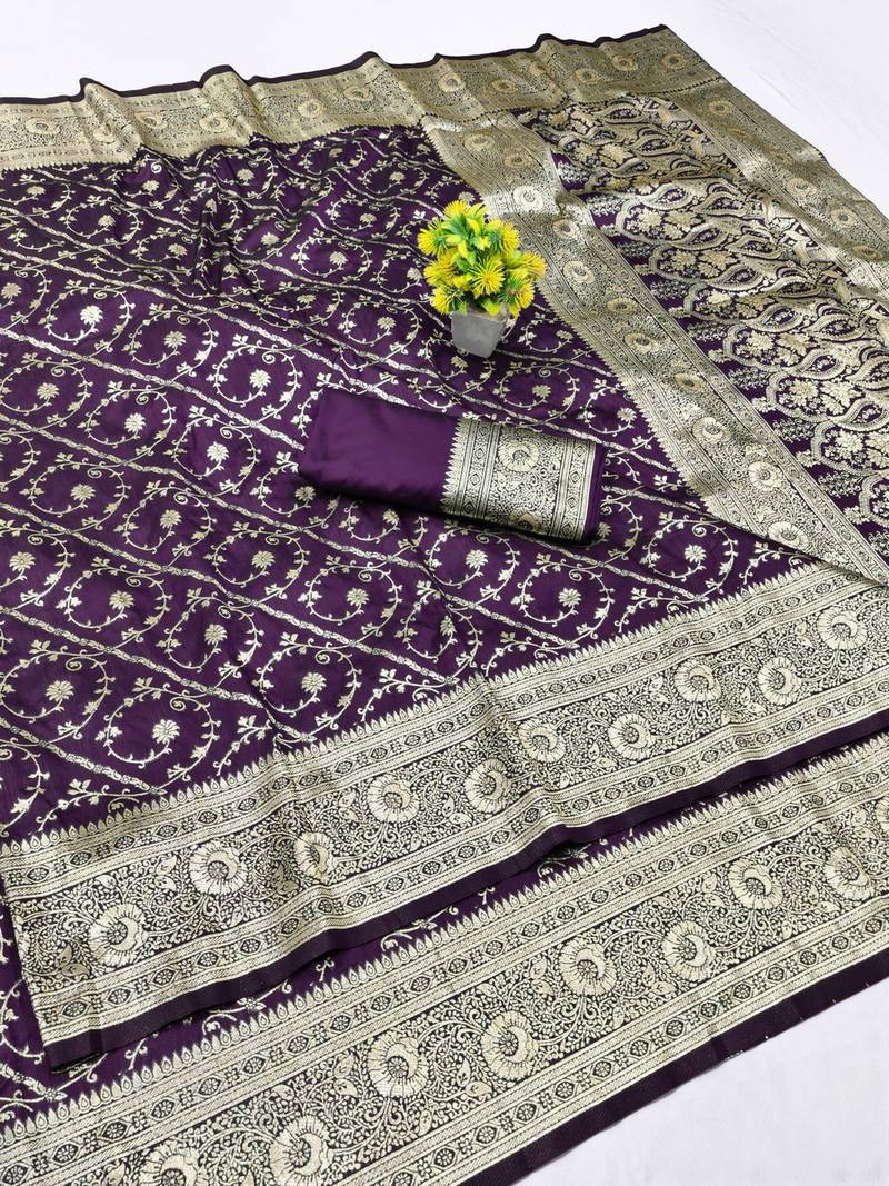Wine zari woven banarasi silk blend traditional saree with blouse piece