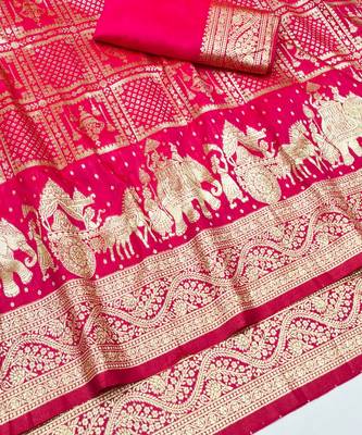 Rani zari woven silk blend traditional saree with blouse piece 3