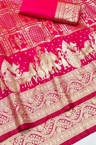 Rani zari woven silk blend traditional saree with blouse piece