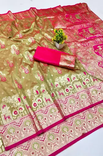 Lime zari woven banarasi silk blend traditional saree with blouse piece