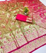 Lime zari woven banarasi silk blend traditional saree with blouse piece