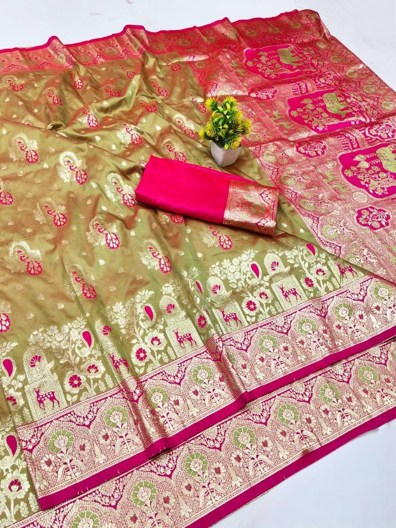Lime zari woven banarasi silk blend traditional saree with blouse piece