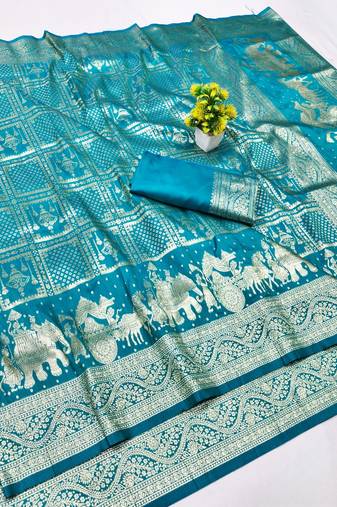 Blue zari woven banarasi silk blend traditional saree with blouse piece