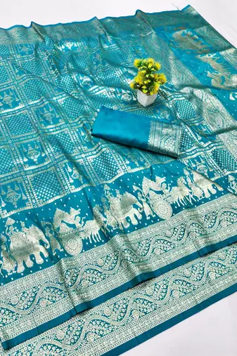 Blue zari woven banarasi silk blend traditional saree with blouse piece