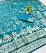 Blue zari woven banarasi silk blend traditional saree with blouse piece