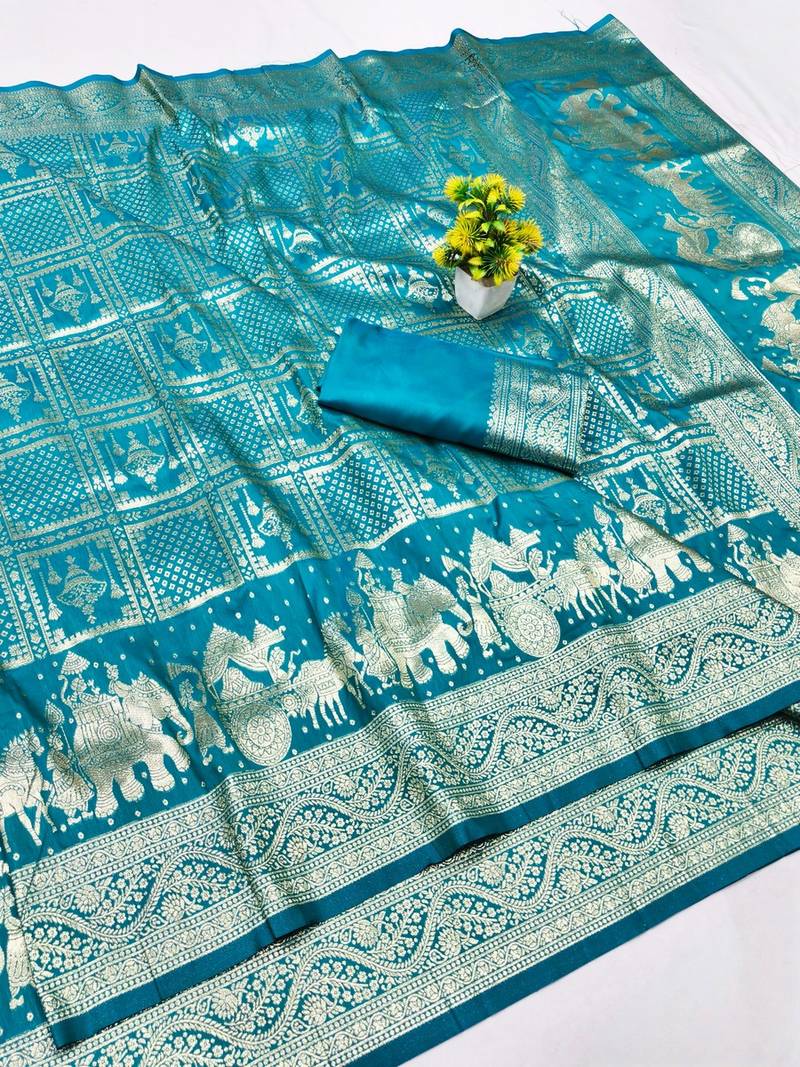 Blue zari woven banarasi silk blend traditional saree with blouse piece