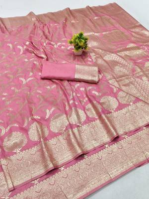 Pink zari woven silk blend traditional saree with blouse piece 1