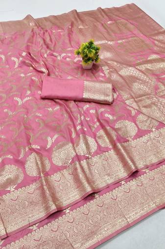 Pink zari woven banarasi silk blend traditional saree with blouse piece
