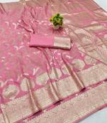 Pink zari woven banarasi silk blend traditional saree with blouse piece