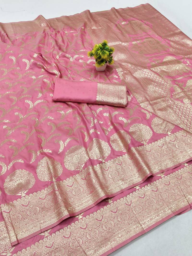 Pink zari woven banarasi silk blend traditional saree with blouse piece