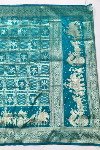 Blue zari woven silk blend traditional saree with blouse piece
