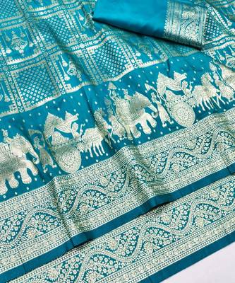 Blue zari woven silk blend traditional saree with blouse piece 3