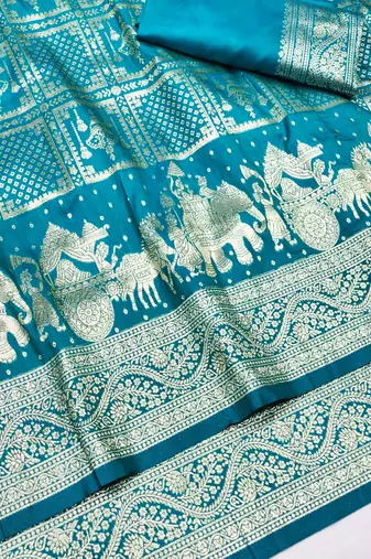 Blue zari woven silk blend traditional saree with blouse piece